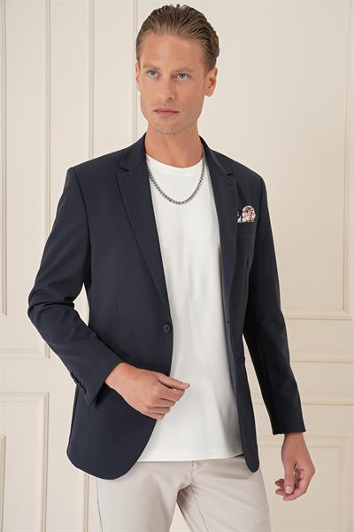 C 675 Comfort Fit Çift Yırtmaç Fleto Cep Esnek Pamuk Casuel Lacivert Ceket