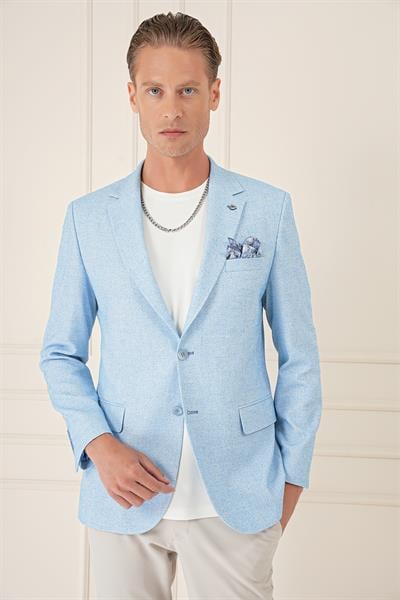 C 677 Comfort Fit Çift Yırtmaç Kırçıllı Keten Casuel Mavi Ceket
