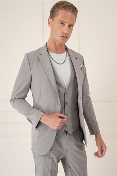 C 678 Comfort Fit Gofre Kumaş Pamuk Yelekli Casuel Gri Ceket
