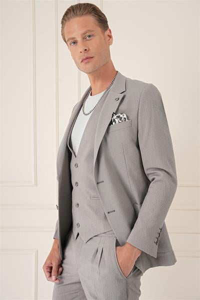 C 678 Comfort Fit Gofre Kumaş Pamuk Yelekli Casuel Gri Ceket