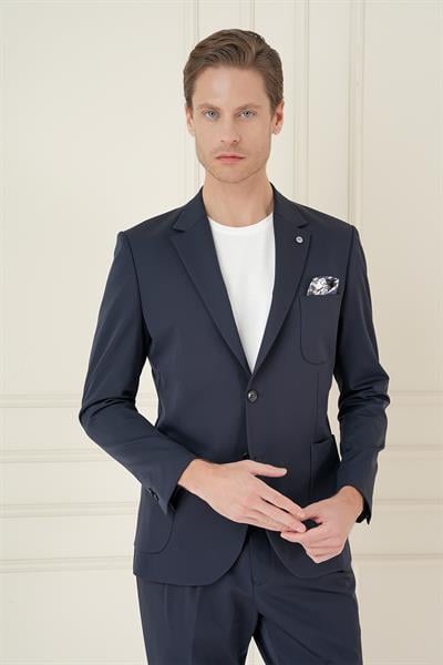 C 697 Slim Fit Mono Yaka Çift Yırtmaç Torba Cep Casual Lacivert Ceket