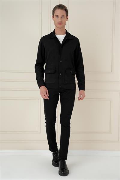 C 699 Comfort Fit Mono Yaka Kapaklı Cep Casual Siyah Ceket