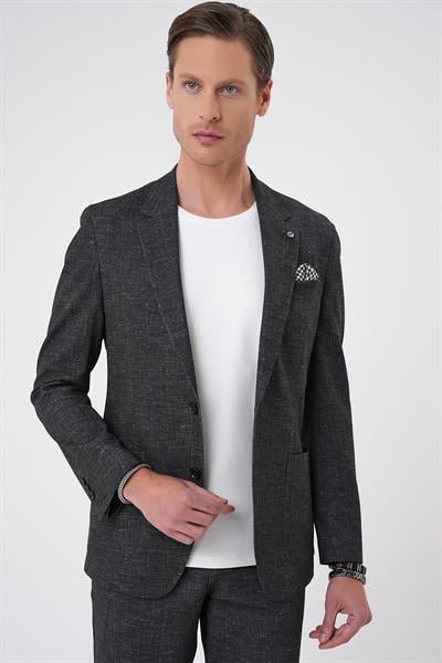 C 701 Comfort Fit Mono Yaka Çift Yırtmaç Torba Cep Casual Siyah Ceket