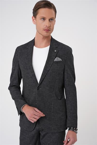 C 701 Comfort Fit Mono Yaka Çift Yırtmaç Torba Cep Casual Siyah Ceket