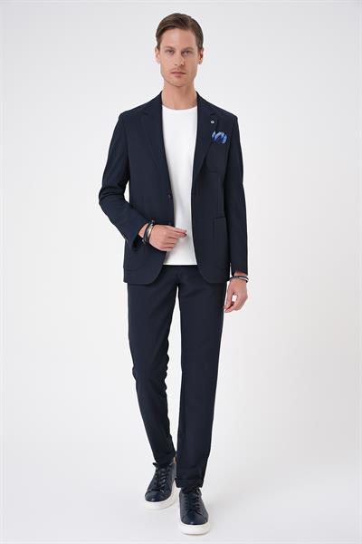 C 703 Comfort Fit Mono Yaka Çift Yırtmaç Torba Cep Gofre Kumaş Casual Lacivert Ceket