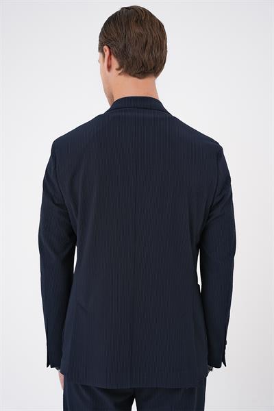C 703 Comfort Fit Mono Yaka Çift Yırtmaç Torba Cep Gofre Kumaş Casual Lacivert Ceket