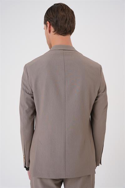 C 703 Comfort Fit Mono Yaka Çift Yırtmaç Torba Cep Gofre Kumaş Casual Vizon Ceket