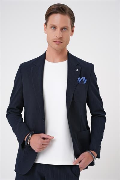 C 703 Comfort Fit Mono Yaka Çift Yırtmaç Torba Cep Gofre Kumaş Casual Lacivert Ceket