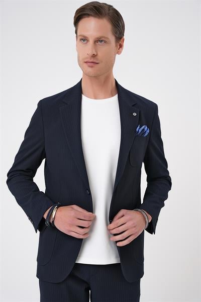 C 703 Comfort Fit Mono Yaka Çift Yırtmaç Torba Cep Gofre Kumaş Casual Lacivert Ceket