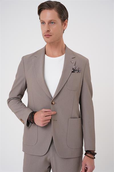 C 703 Comfort Fit Mono Yaka Çift Yırtmaç Torba Cep Gofre Kumaş Casual Vizon Ceket