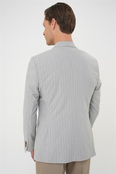 C 704 Slim Fit Çift Yırtmaç Çizgili Kruvaze Casual Gri Ceket