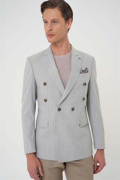C 704 Slim Fit Çift Yırtmaç Çizgili Kruvaze Casual Gri Ceket
