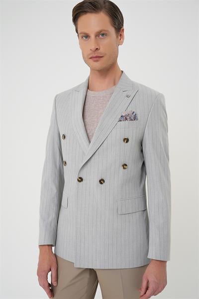 C 704 Slim Fit Çift Yırtmaç Çizgili Kruvaze Casual Gri Ceket
