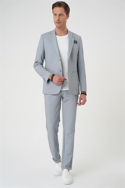 C 705 Comfort Fit Mono Yaka Çift Yırtmaç Torba Cep Kendinden Desenli Casual Gri Ceket