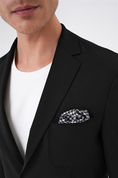C 706 Comfort Fit Mono Yaka Çift Yırtmaç Torba Cep Kendinden Desenli Casual Siyah Ceket