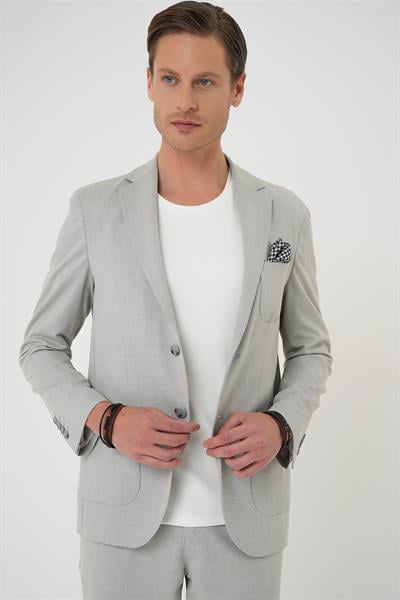 C 706 Comfort Fit Mono Yaka Çift Yırtmaç Torba Cep Kendinden Desenli Casual Gri Ceket