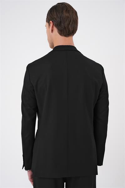 C 706 Comfort Fit Mono Yaka Çift Yırtmaç Torba Cep Kendinden Desenli Casual Siyah Ceket