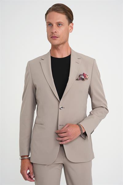 C 710 Slim Fit Mono Yaka Fleto Cepli Çift Yırtmaçlı Casual Vizon Ceket