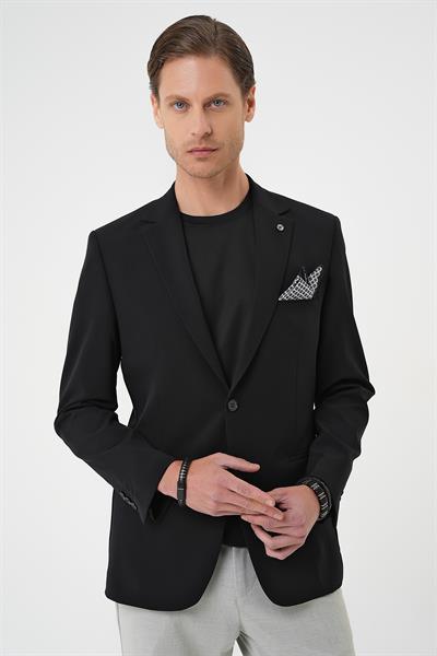 C 710 Slim Fit Mono Yaka Fleto Cepli Çift Yırtmaçlı Casual Siyah Ceket