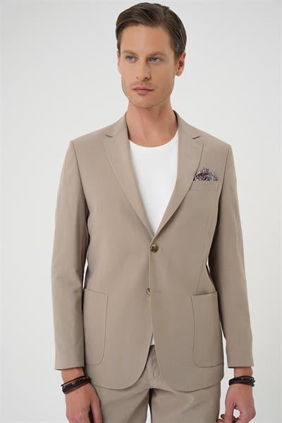 C 714 Slim Fit Torba Cep Spandex Karışımlı Casual Bej Ceket