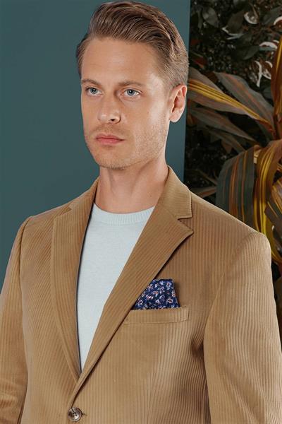 Camel Kadife Slim Fit Çift Yırtmaçlı Mono Yaka Casuel Ceket 