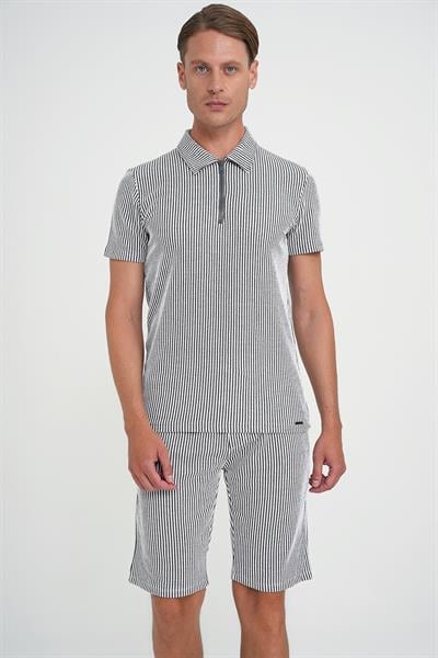 Comfort Fit Bağcıklı Bel Çizgili Pamuk Casuel Siyah Şort Bermuda 038 