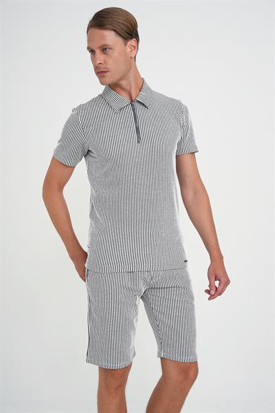 Comfort Fit Bağcıklı Bel Çizgili Pamuk Casuel Siyah Şort Bermuda 038 