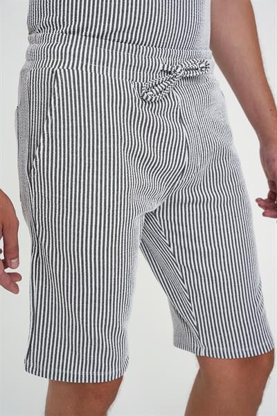 Comfort Fit Bağcıklı Bel Çizgili Pamuk Casuel Siyah Şort Bermuda 038 