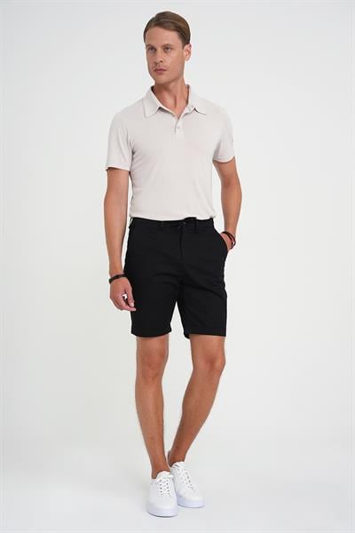 Comfort Fit Bağcıklı ve Lastikli Bel Esnek Pamuk Casuel Siyah Şort Bermuda 036 