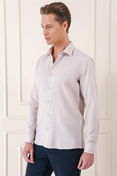 Comfort Fit Balıksırtı Dokuma %100 Pamuk Klasik Bej Gömlek Gk 722
