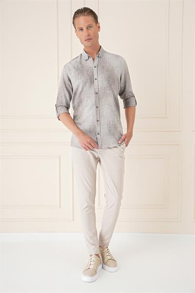 Comfort Fit Batik Desen %100 Keten Bej Gömlek G 1571
