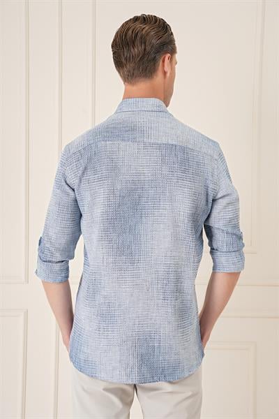 Comfort Fit Batik Desen %100 Keten Mavi Gömlek G 1571