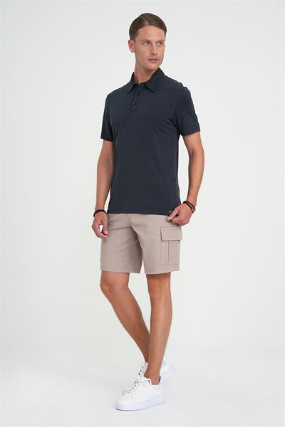 Comfort Fit Beli Kemerli Kargo Cep Pamuk Casuel Bej Şort Bermuda 039 