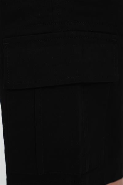 Comfort Fit Beli Kemerli Kargo Cep Pamuk Casuel Siyah Şort Bermuda 039 