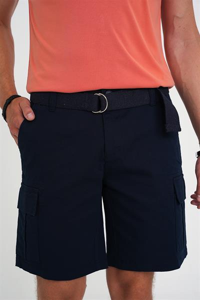 Comfort Fit Beli Kemerli Kargo Cep Pamuk Casuel Lacivert Şort Bermuda 039 
