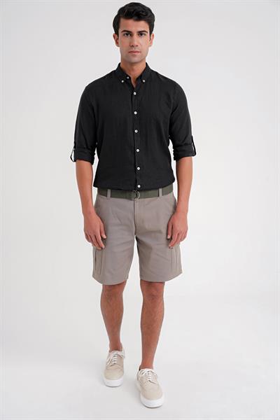 Comfort Fit Beli Kemerli Kargo Cep Pamuk Casuel Haki Şort Bermuda 039 