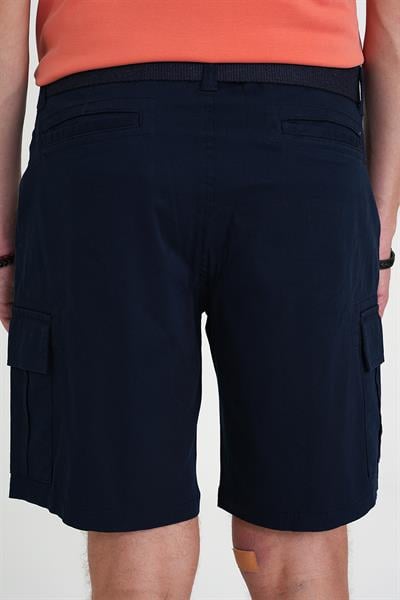 Comfort Fit Beli Kemerli Kargo Cep Pamuk Casuel Lacivert Şort Bermuda 039 