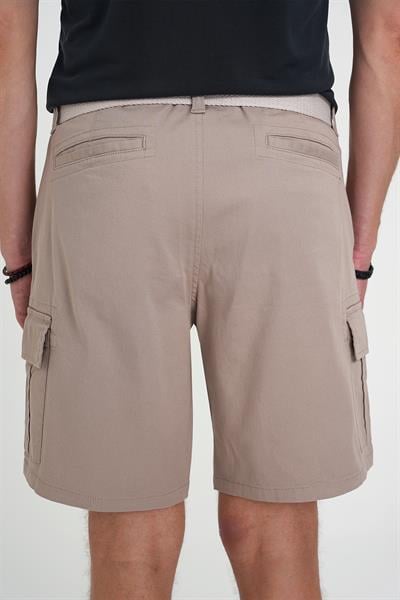 Comfort Fit Beli Kemerli Kargo Cep Pamuk Casuel Bej Şort Bermuda 039 