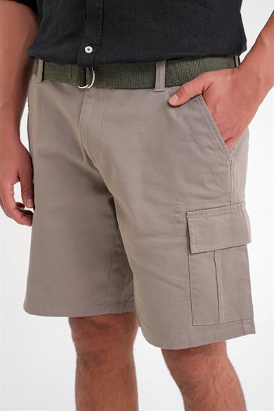Comfort Fit Beli Kemerli Kargo Cep Pamuk Casuel Haki Şort Bermuda 039 