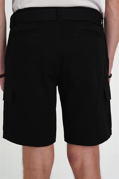 Comfort Fit Beli Kemerli Kargo Cep Pamuk Casuel Siyah Şort Bermuda 039 