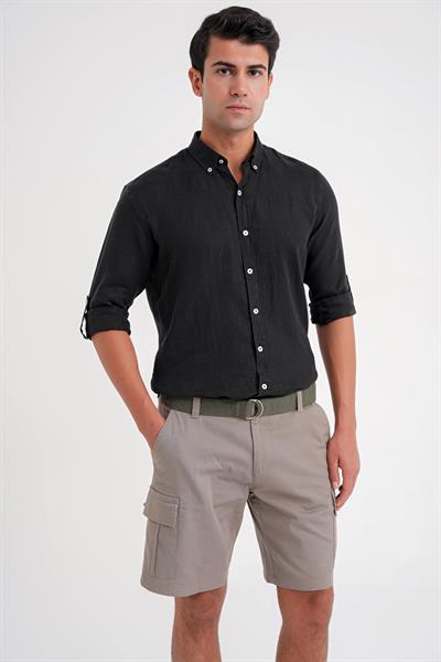 Comfort Fit Beli Kemerli Kargo Cep Pamuk Casuel Haki Şort Bermuda 039 