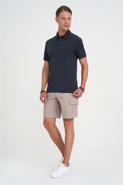 Comfort Fit Beli Kemerli Kargo Cep Pamuk Casuel Bej Şort Bermuda 039 