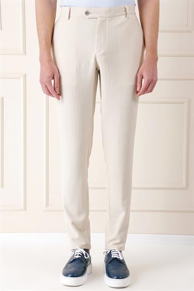 Comfort Fit Beli Lastikli Balıksırtı Dokuma Casuel Bej Pantolon P 1155