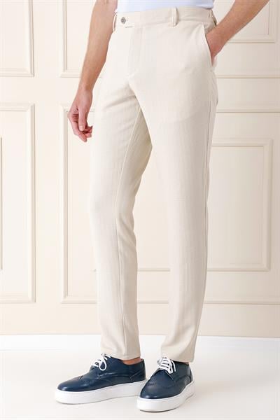 Comfort Fit Beli Lastikli Balıksırtı Dokuma Casuel Bej Pantolon P 1155