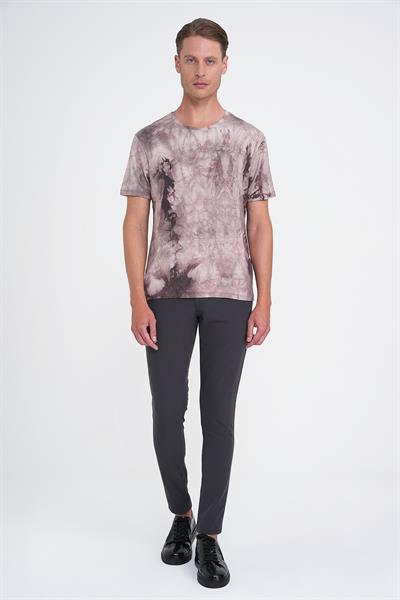 Comfort Fit Bisiklet Yaka Batik Desen Kısa Kol Bej Tişört Ts 914