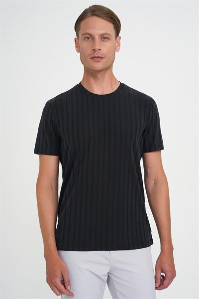 Comfort Fit Bisiklet Yaka Fitilli Kısa Kol Siyah Tişört Ts 909
