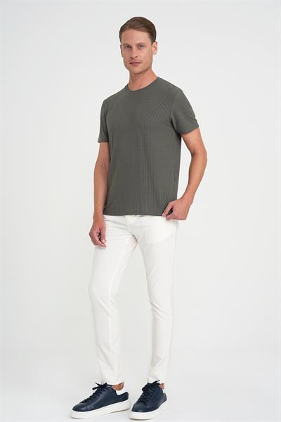Comfort Fit Bisiklet Yaka Fitilli Kısa Kol Haki Tişört Ts 912