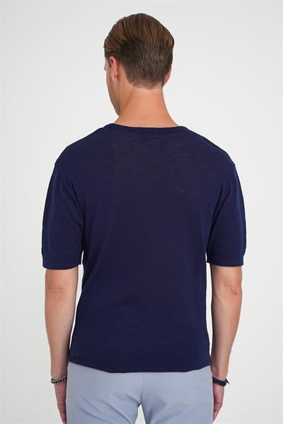Comfort Fit Bisiklet Yaka Kısa Kol Spor Lacivert Triko Tr 881