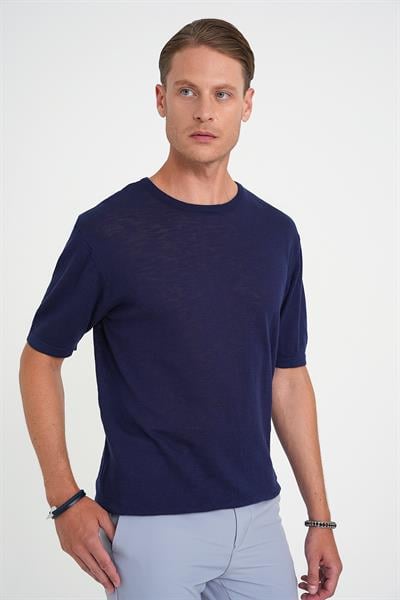 Comfort Fit Bisiklet Yaka Kısa Kol Spor Lacivert Triko Tr 881