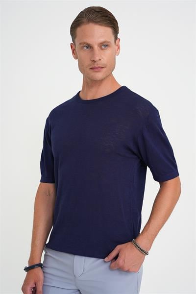 Comfort Fit Bisiklet Yaka Kısa Kol Spor Lacivert Triko Tr 881